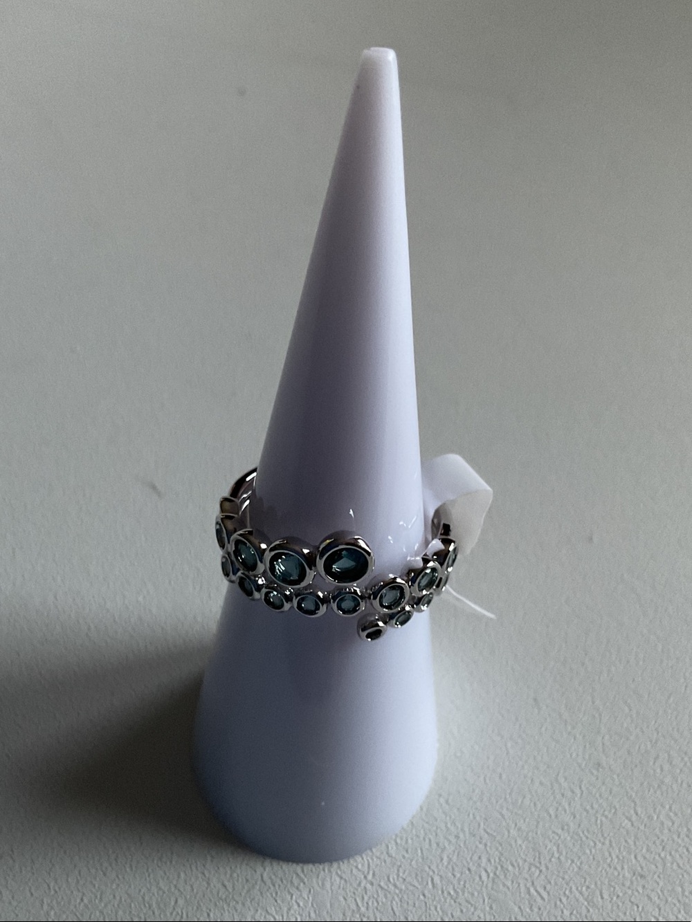 bp Silver Ring with Teal Blue Gem Accents